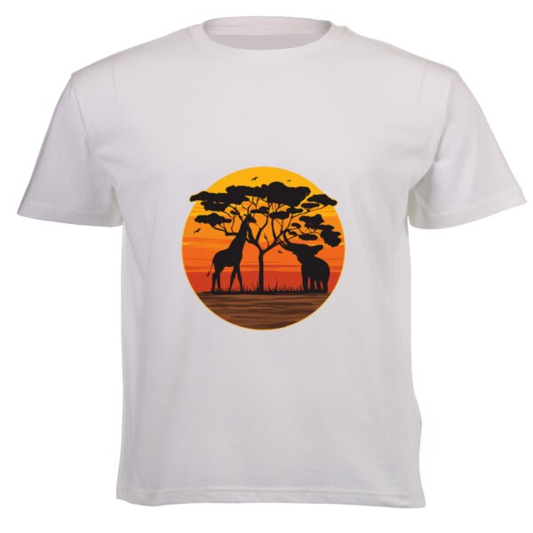 Elephant and Giraffe Sunset - Unisex Short-sleeve T-shirt 140g High quality DTG Thumbnail