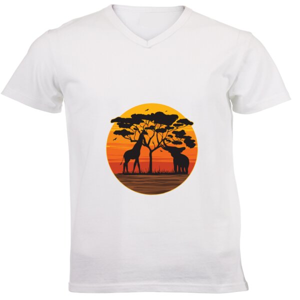 Elephant and Giraffe Sunset - Unisex V-Neck T-shirt 160g High Quality DTG Thumbnail