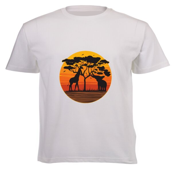 Elephant and Giraffe Sunset - Unisex Short-sleeve T-shirt - 180g High Quality DTG Thumbnail