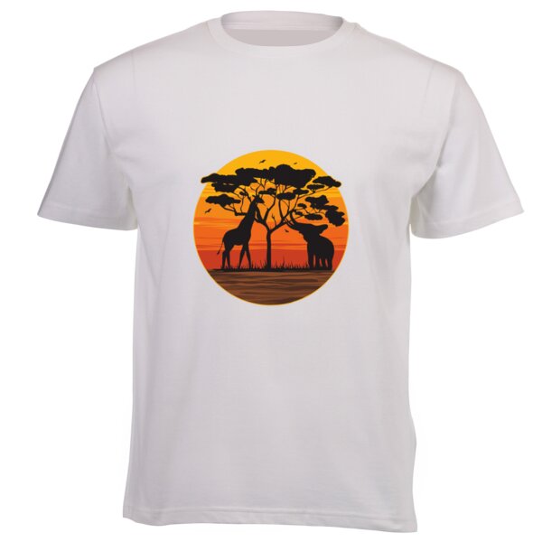 Elephant and Giraffe Sunset - Unisex Platinum Short-sleeve T-shirt 160g High Quality DTG Thumbnail